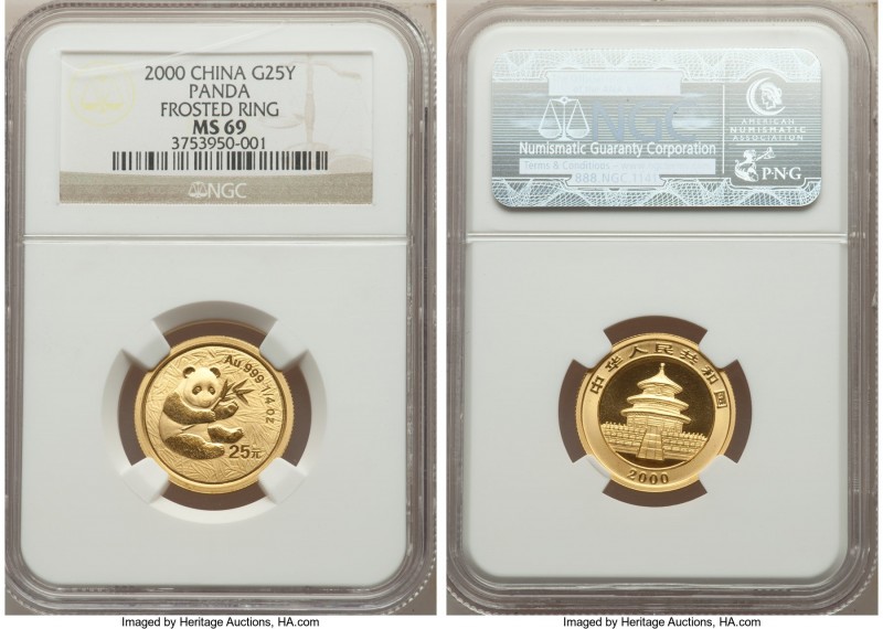 People's Republic gold "Frosted Ring" Panda 25 Yuan (1/4 oz) 2000 MS69 NGC, KM13...