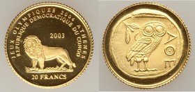 Democratic Republic gold Proof 20 Francs 2003, KM184. 13.74mm. 1.22gm. Mintage: 25,000. Struck for the XXVIII Summer Olympics in Athens. AGW 0.0392. 
...