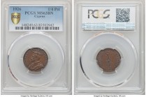 British Colony. George V 1/4 Piastre 1926 MS63 Brown PCGS, KM16. Toned to a near mahogany hue with only the lightest wisps precluding a higher grade.
...