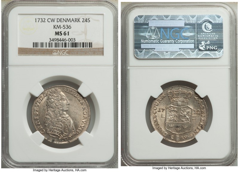 Christian VI 24 Skilling 1732-CW MS61 NGC, Copenhagen mint, KM536. An only two-y...