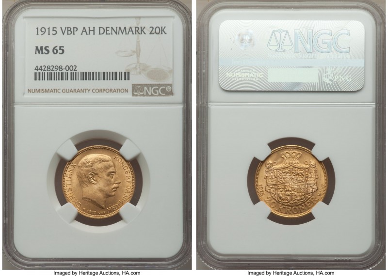 Christian X gold 20 Kroner 1915 (h)-VBP MS65 NGC, Copenhagen mint, KM817.1. A go...