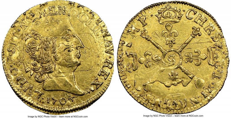 Louis XIV gold Louis d'Or 1704-S AU55 NGC, Reims mint, KM-Unl., Gad-254. Origina...