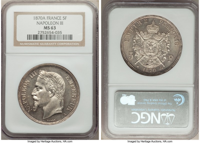 Napoleon III 5 Francs 1870-A MS63 NGC, Paris mint, KM819. Exhibiting a sculpture...