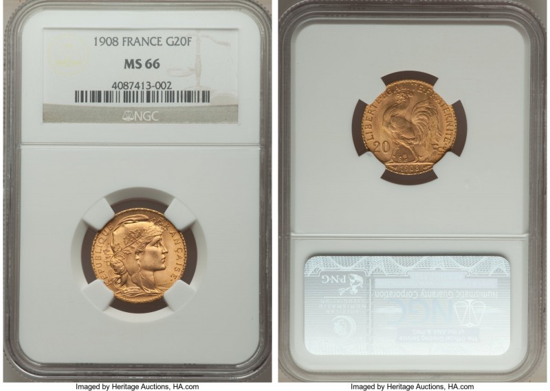 Republic gold 20 Francs 1908 MS66 NGC, KM857. AGW 0.1867 oz. Superb quality and ...