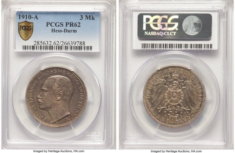 Hesse-Darmstadt. Ernst Ludwig Proof 3 Mark 1910-A PR62 PCGS, Berlin mint, KM375....