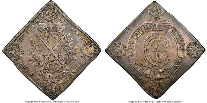 Saxony. Johann Georg IV Klippe Taler 1693 AU53 NGC, KM642, Dav-7649. Struck to c...