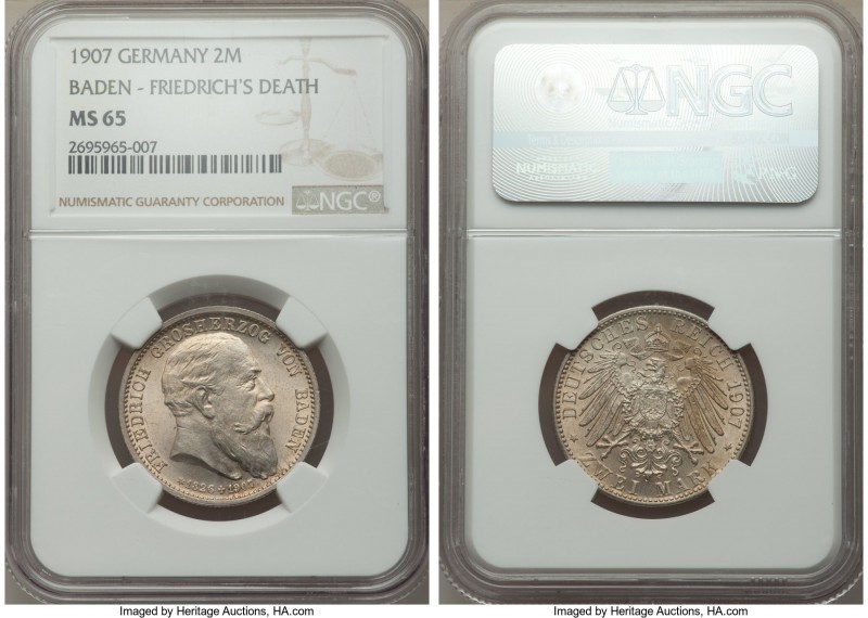 Pair of Certified Assorted 2 Marks NGC, 1) Baden. Friedrich I 2 Mark 1907 - MS65...