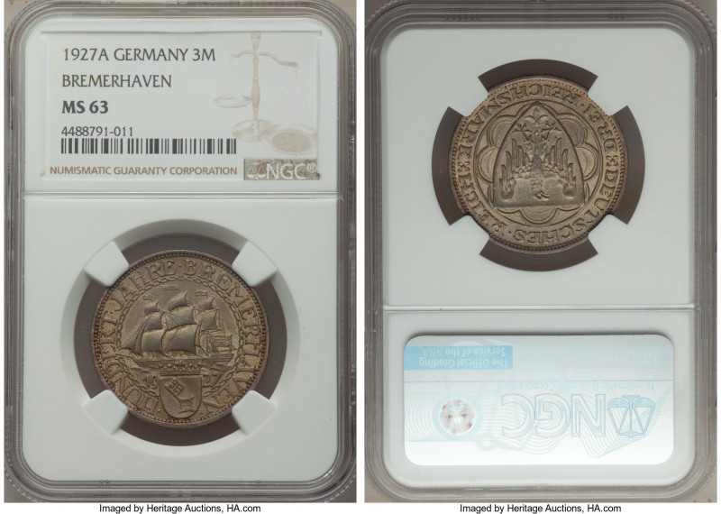 Weimar Republic "Bremerhaven" 3 Mark 1927-A MS63 NGC, Berlin mint, KM50.

HID098...