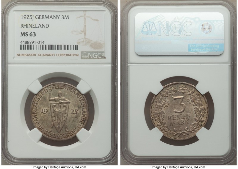 Weimar Republic Pair of Certified 3 Marks NGC, 1) "Rhineland" 3 Mark 1925-J - MS...