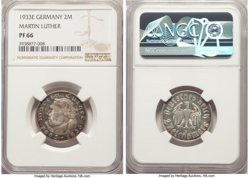 Third Reich Proof 2 Mark 1933-E PR66 NGC, Muldenhutten mint, KM79. 

HID09801242...