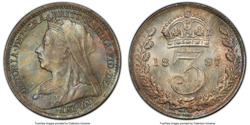 Victoria 3 Pence 1897 MS66+ PCGS, KM777. Intermingled shades of gold and turquoi...