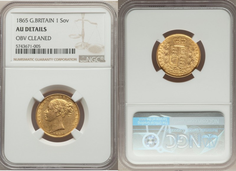 Victoria gold Sovereign 1865 AU Details (Obverse Cleaned) NGC, KM736.2, S-3853. ...