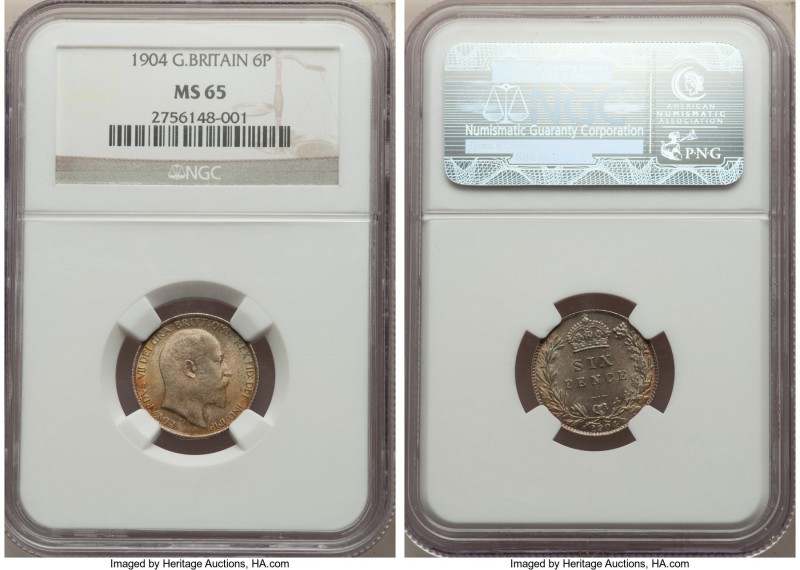 Edward VII 6 Pence 1904 MS65 NGC, KM799, S-3983. Visually eye-appealing tone in ...