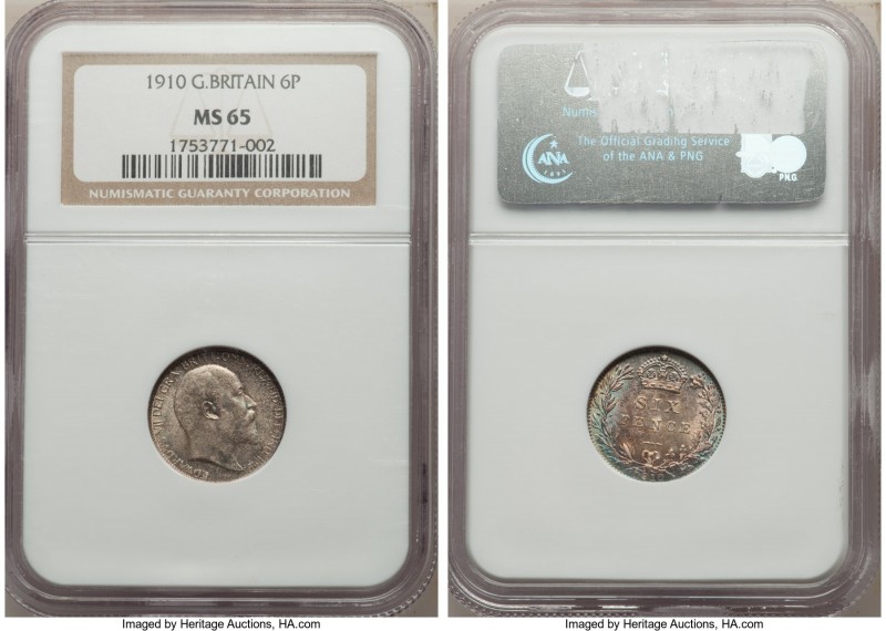 Edward VII 6 Pence 1910 MS65 NGC, KM799. Last year of type, this with lovely tau...