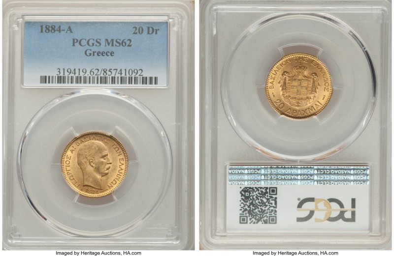 George I gold 20 Drachmai 1884-A MS62 PCGS, Paris mint, KM56. AGW 0.1867 oz. 

H...