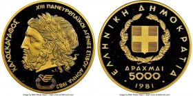 Republic gold Proof "Pan-European Games" 5000 Drachmai 1981 PR69 Ultra Cameo NGC, KM129. AGW 0.3617 oz.

HID09801242017