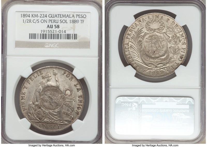 Republic Counterstamped Peso 1894 AU58 NGC, KM224. With 1/2 Real counterstamp st...