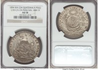 Republic Counterstamped Peso 1894 AU58 NGC, KM224. With 1/2 Real counterstamp struck on a Peru 1889-TF Sol. Nice luster sheathed in a cloak of tan and...