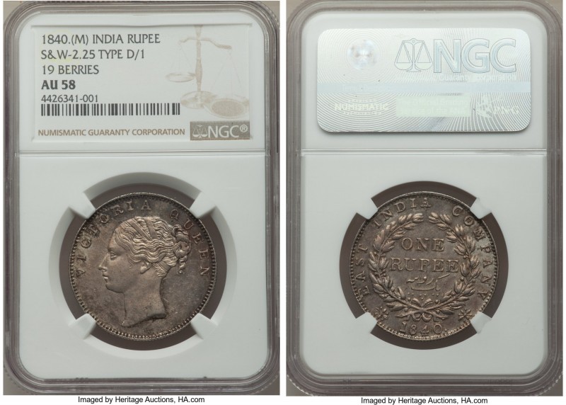British India. Victoria Rupee 1840-(m) AU58 NGC, Madras mint, KM458.7, S&W-2.25....