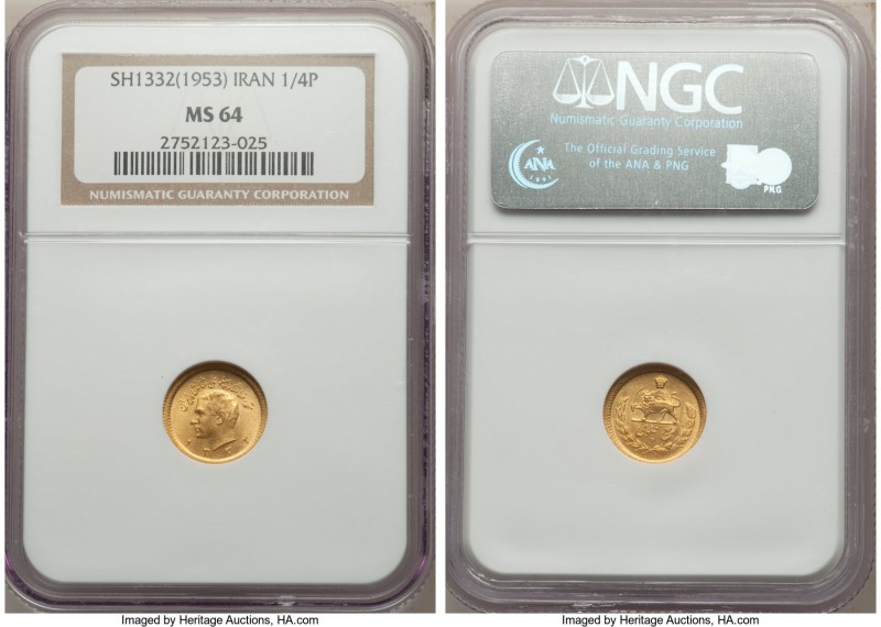 Mohammad Reza Pahlavi gold 1/4 Pahlavi SH 1332 (1953) MS64 NGC, KM1160. First ye...