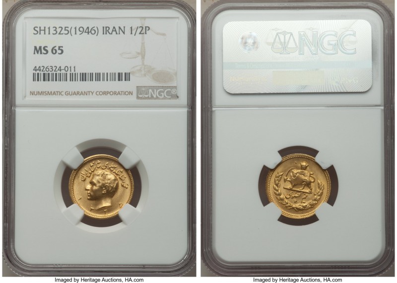 Muhammad Reza Pahlavi gold 1/2 Pahlavi SH 1325 (1946) MS65 NGC, KM1149. AGW 0.11...