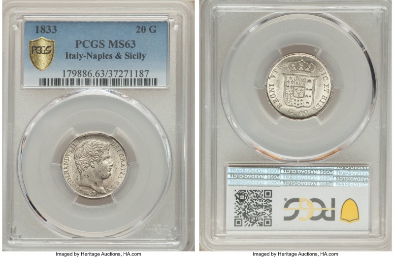 Naples & Sicily. Ferdinand II 20 Grana 1833 MS63 PCGS, KM307. Immensely eye-appe...