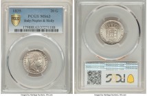 Naples & Sicily. Ferdinand II 20 Grana 1835 MS63 PCGS, KM307. A conditionally scarce offering with velvety white surfaces. 

HID09801242017