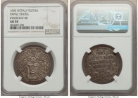 Papal States. Innocent XII Testone Anno III (1693) AU58 NGC, Rome mint, KM-A553. Slate-gray to gunmetal surfaces bloom with a nearly mint quality mark...