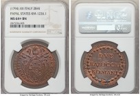 Papal States. Pius VI 2 Baiocchi Anno XX (1794) MS64+ Brown NGC, Rome mint, KM1226.1. Glossy red and struck on a full flan with ideal centering and pr...