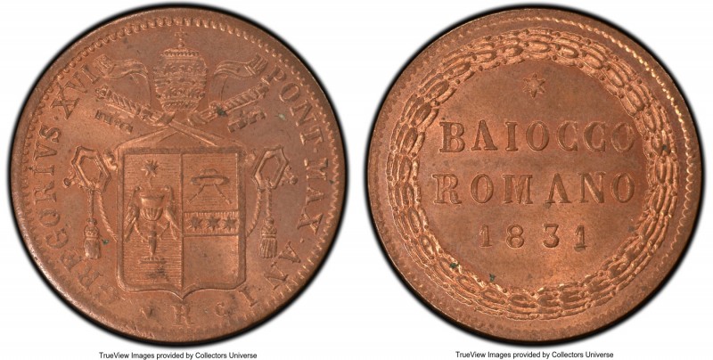 Papal States. Gregory XVI Baiocco Anno I (1831)-R MS65 Red PCGS, Rome mint, KM13...