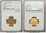 Venice. Ludovico Manin gold Zecchino ND (1789-1797) MS64 NGC, KM755. A difficult grade for the type, weakly struck in spots though with even satin-gol...