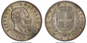 Vittorio Emanuele II 5 Lire 1877-R MS63 PCGS, Rome mint, KM8.4. Highly appealing, with a mottled color palette that imbues the piece with an old colle...