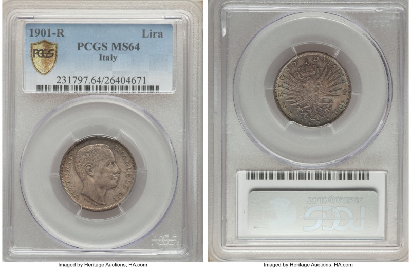 Vittorio Emanuele III Lira 1901-R MS64 PCGS, Rome mint, KM32. Enticingly toned w...
