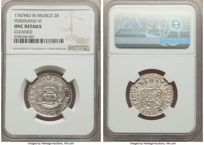 Ferdinand VI 2 Reales 1747 Mo-M UNC Details (Cleaned) NGC, Mexico City mint, KM8...