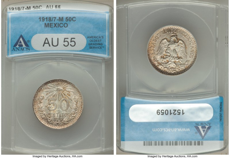 Estados Unidos 50 Centavos 1918/7-M AU55 ANACS, KM446. Rare overdate with most o...