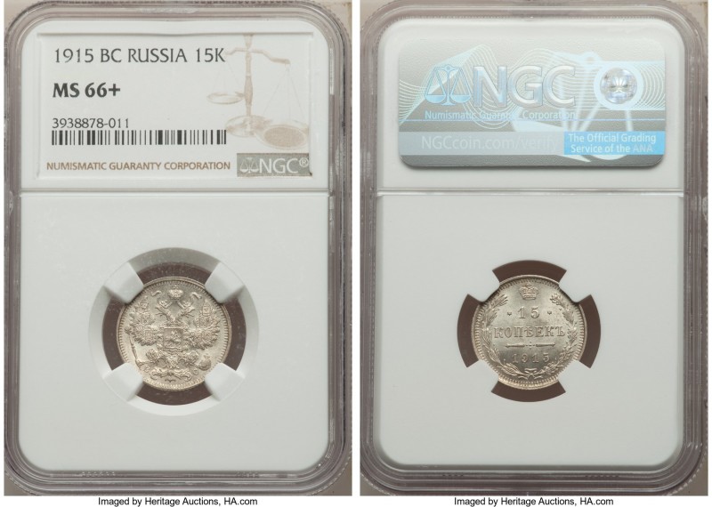 Nicholas II 15 Kopecks 1915-BC MS66+ NGC, St. Petersburg mint, KM-Y21a.3. White ...