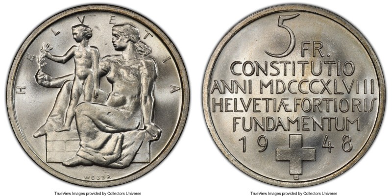 Confederation 5 Francs 1948-B MS66 PCGS, Bern mint, KM48. Issued for the Swiss c...
