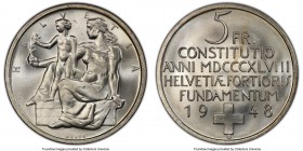 Confederation 5 Francs 1948-B MS66 PCGS, Bern mint, KM48. Issued for the Swiss constitution centennial. Untoned white surfaces. 

HID09801242017