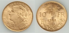 Confederation gold 10 Francs 1922-B UNC, Bern mint, KM36. 19mm. 3.23gm. 

HID09801242017