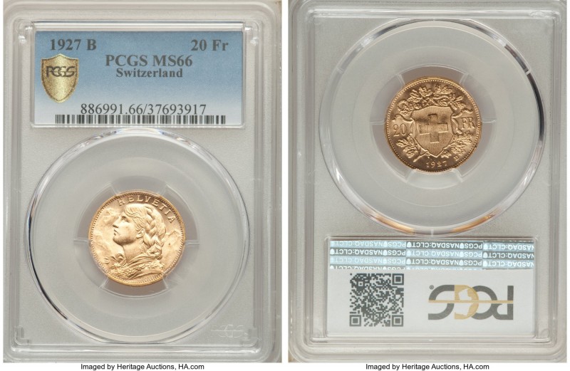 Confederation gold 20 Francs 1927-B MS66 PCGS, Bern mint, KM35.1. AGW 0.1867 oz....