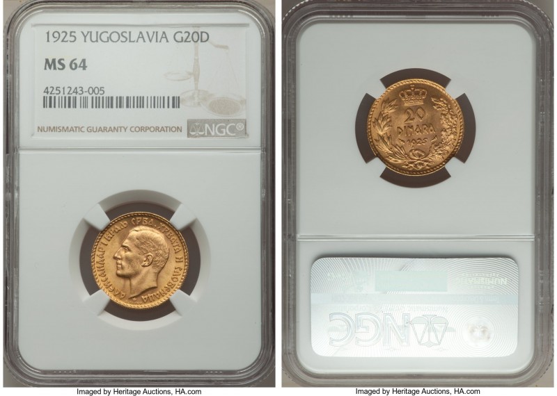 Alexander I gold 20 Dinara 1925 MS64 NGC, KM7. AGW 0.1867 oz.

HID09801242017