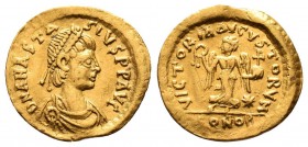 Anastasius I (491-518 AD). AV Tremissis, Constantinopolis.
Obv. D N ANASTASIVS P P AVG, diademed, draped and cuirassed bust right.
Rev. VICTORIA AVGVS...