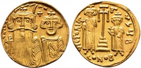 Constans II (641-668 AD). AV Solidus, Constantinopolis (Istanbul), c. 662-667.
Obv. dN CONSTANI, facing busts of Konstans, on left with long beard, pl...