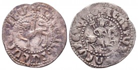 Tram. Sis. Levon on horseback r., wearing crown with pendilia and holding patriarchal cross; in field l. and r., .·. . Rv. Crowned lion to l., head fa...