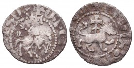 Cilicia, Armenia Levon III (1301-1307).
Takvorin. Sis. Levon on horseback r., wearing crown with pendilia, holding long cross and reins; in field l., ...