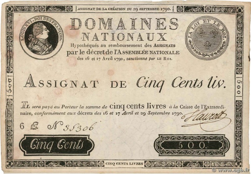 Country : FRANCE 
Face Value : 500 Livres Faux 
Date : 29 septembre 1790 
Per...