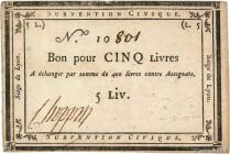 Country : FRANCE 
Face Value : 5 Livres 
Date : (1793) 
Period/Province/Bank : Siège de Lyon 
French City : Lyon 
Catalogue reference : Kol.134 ...