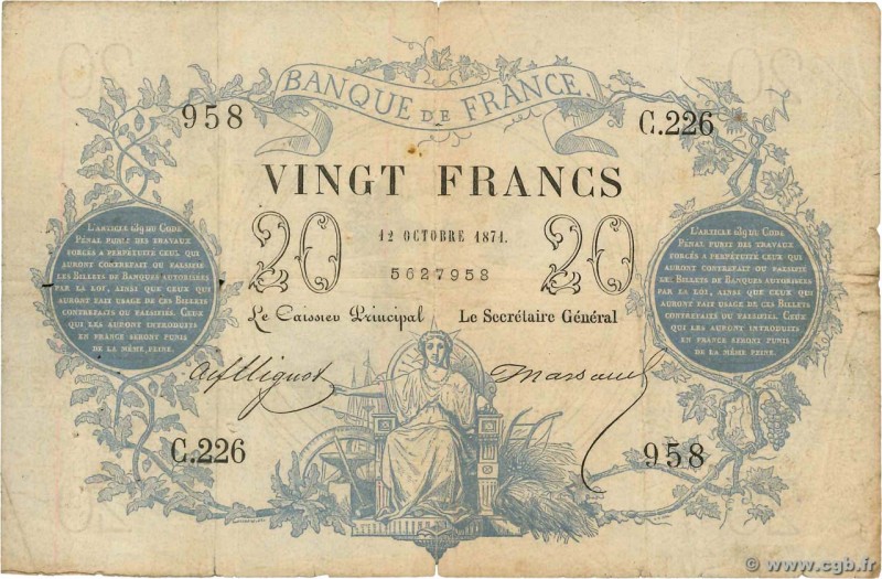 Country : FRANCE 
Face Value : 20 Francs type 1871 
Date : 12 octobre 1871 
P...