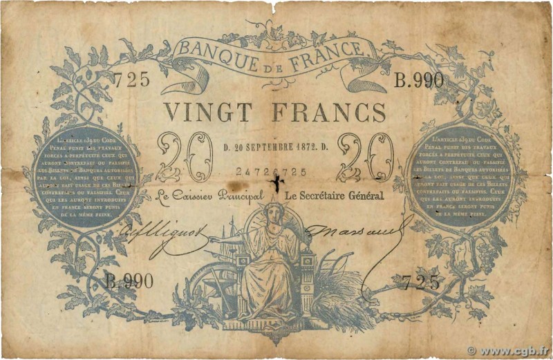 Country : FRANCE 
Face Value : 20 Francs type 1871 
Date : 20 septembre 1872 ...