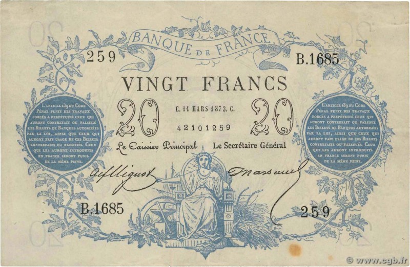 Country : FRANCE 
Face Value : 20 Francs type 1871 
Date : 11 mars 1873 
Peri...